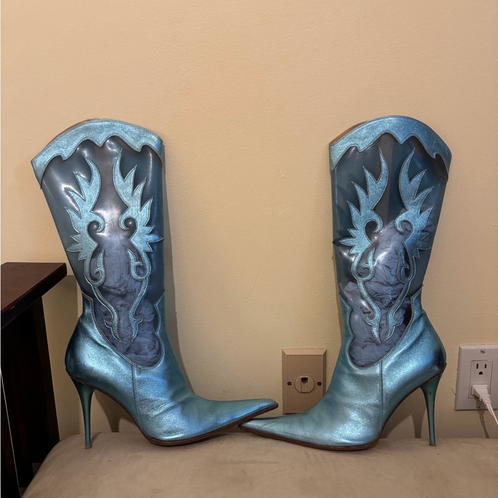 Blue Metallic Leather Cowboy Boots